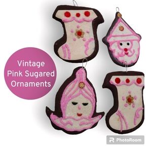 🍁 SALE 🧡 Vintage Country Living Pink Sugared Xmas Ornaments Set of 4